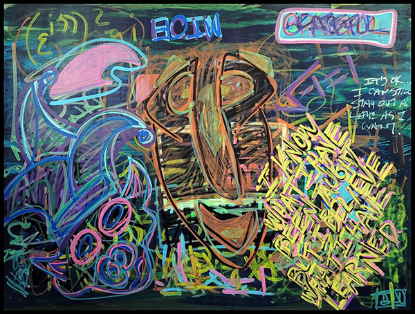 this abstract artwork is a vibrant explosion of color and movement. on a dark, almost stormy background, bold, swirling lines and shapes create a sense of dynamism and energy. there are hints of figurative elements, akin to a masked figure with jester-like features, but the overall impression is one of expressive freedom and chaotic energy. in the mid to lower right region of the painting, there is dirty yellow text with subtle black and pink shadows that reads, 'i know what i have been taught but i believed what i have learned.' this adds a layer of thought-provoking commentary to the already visually stimulating piece.