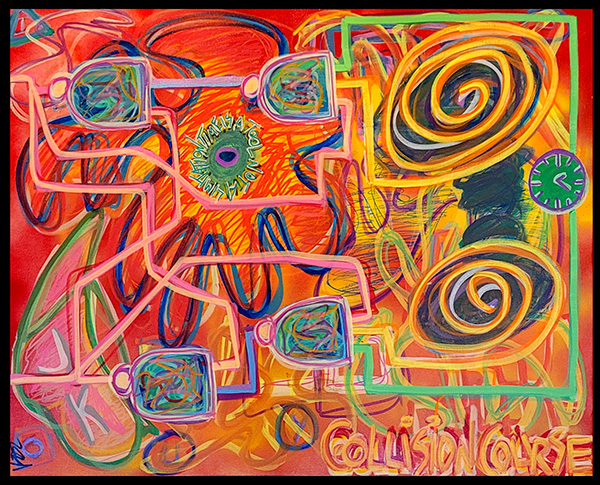 this dynamic abstract artwork bursts with energy against a fiery backdrop of predominantly red hues. bold lines, shapes, and swirling patterns in shades of red, orange, yellow, green, and blue dance across the canvas, evoking a sense of movement evident in a flip-flop circuit. hints of figurative elements emerge from the chaos: a clock face, its dial inscribed with the phrase 'time is a tool, not a limitation,' adds a layer of philosophical intrigue. the overall impression is one of vibrant energy and expressive freedom, culminating in the stark message 'collision course' written in large, bold letters, suggesting an impending confrontation with inevitable change.