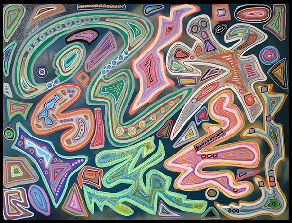 a lively abstract painting bursting with energy. it features a dynamic interplay of swirling lines, geometric shapes that feel familiarly arranged, and playful patterns in layered shades of blue, green, orange, and purple. the composition is rich and textured, inviting viewers to explore its depths and lose themselves in the kaleidoscope of colors.