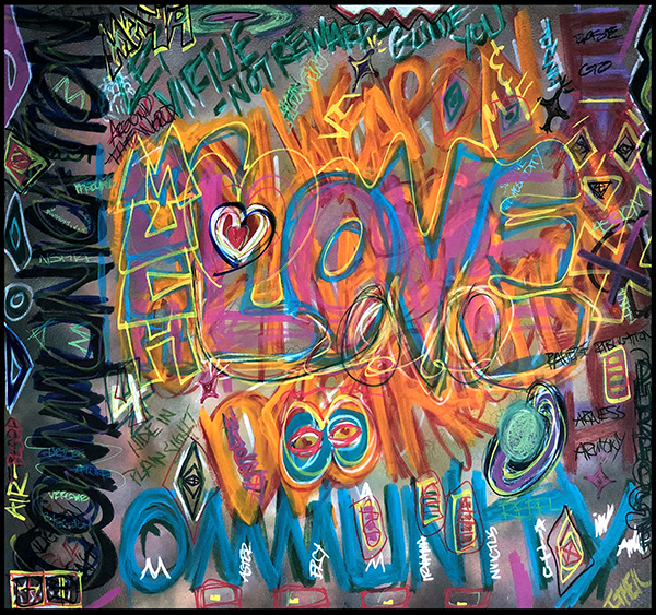 this large-scale artwork is a vivid and chaotic explosion of color and text. It is a mixed media piece, incorporating spray paint, acrylic paint and markers. the background is a dynamic blend of bright colors like pink, orange, and blue. a whirlwind of words and phrases seem to collide and intertwine, creating a sense of visual chaos. the word 'love' is prominent, rendered in bold, stylized letters with the word “much” resting along left side of the letter 'l' of love. Toward the top of the work, the phrase 'let virtue, not reward, guide you.'  along the left side of the work is the word 'communication' in black lettering. Sharing the 'c' of communication, the word 'community' is spelled along the bottom in a teal tone. the overall impression is one of energetic expression, with the text and colors creating a sense of movement and dynamism.