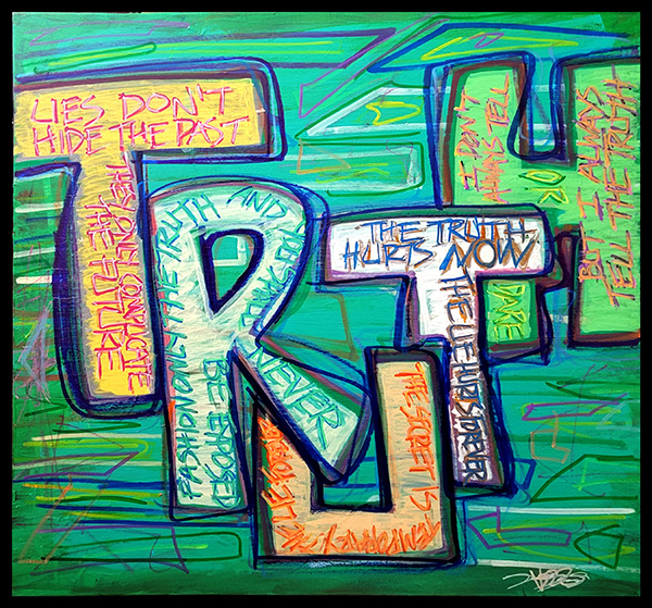 this dynamic artwork bursts with energy against a vibrant backdrop of green hues. the word 'truth' dominates the canvas, formed by large, interlocked, stylized letters. each letter is a canvas in itself, filled with smaller, impactful messages. inside the amber-colored first 't', we find the phrase 'lies don't hide the past, they merely complicate the future.' the ivory white 'r' reveals the wisdom 'fashion only the truth and you shall never be exposed.' the peach-colored 'u' warns 'the secret is temporary, the lie forever.' the pearly white 't' declares 'the truth hurts now, the lie hurts forever.' finally, the mint-colored 'h' reminds us 'i don't always tell, but I always tell the truth.' this layered composition is a powerful visual statement, emphasizing the importance of honesty and the enduring consequences of deceit.