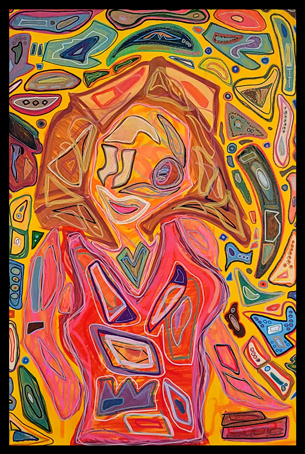 an abstract portrait of a fractured figure with flowing brunette hair, wearing a vibrant red and pink garment, against a yellow background filled with colorful geometric shapes. The composition blends a Cubist approach to representing the subject through multiple perspectives and geometric forms with the bold colors and outlines of folk art.