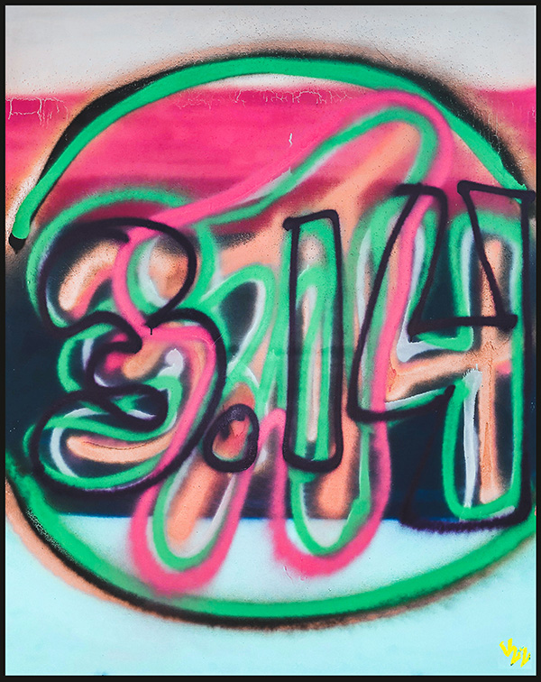 a dynamic and energetic abstract graffiti artwork bursts with color, paint sprayed onto canvas. the central focus is the numbers '3.14', rendered in bold, swirling strokes of green, pink, and black. The numbers are intentionally distorted and overlap each other, creating a sense of movement and depth. They are layered on top of the greek letter 'pi', adding a playful mathematical twist. the entire design is contained within a thick, circular outline painted in a vibrant green, further emphasizing the circular nature of the artwork. The background is a muted stripes of blue, brown, pink and black, providing a subtle contrast that allows the vibrant colors of the graffiti design to pop.